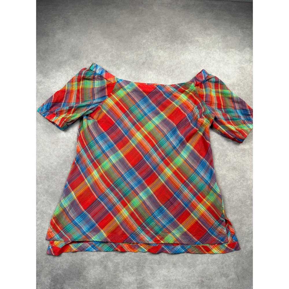 Lauren Ralph Lauren Women PM Rainbow Plaid Madras Cotton Gauze Off Shoulder Top
